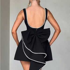 Black Pearl-Trim Open-Back Mini Dress